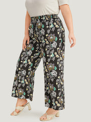Floral Print Shirred Bootcut Ties Pocket Pants