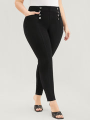 Skinny Slightly Stretchy High Rise Black Wash Button Detail Pocket Jeans