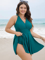 Solid Ruffle Hem Empire Waist Halter Neck Swim Dress