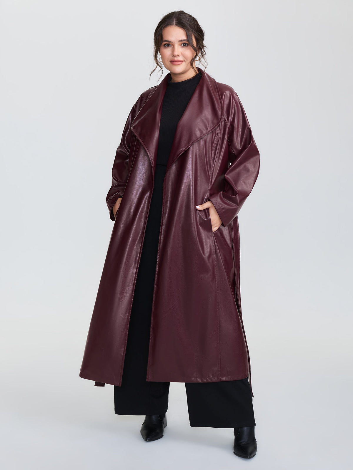 Artificial Leather Belted Waist Long Coat