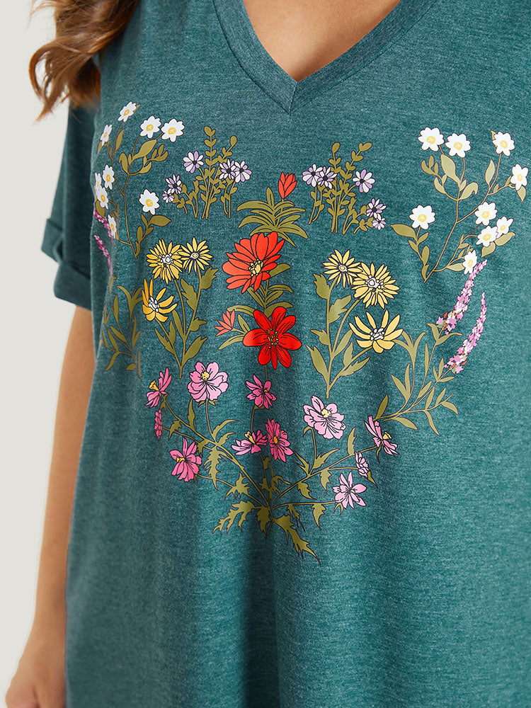 Floral Print Roll Sleeve Pocket V Neck Dress