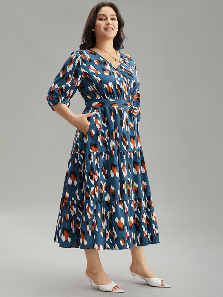 Allover Print Ruffle Layered Hem Wrap Belted Dress