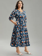 Allover Print Ruffle Layered Hem Wrap Belted Dress