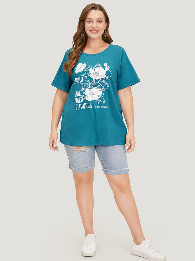 Floral & Letter Roll Sleeve T-shirt