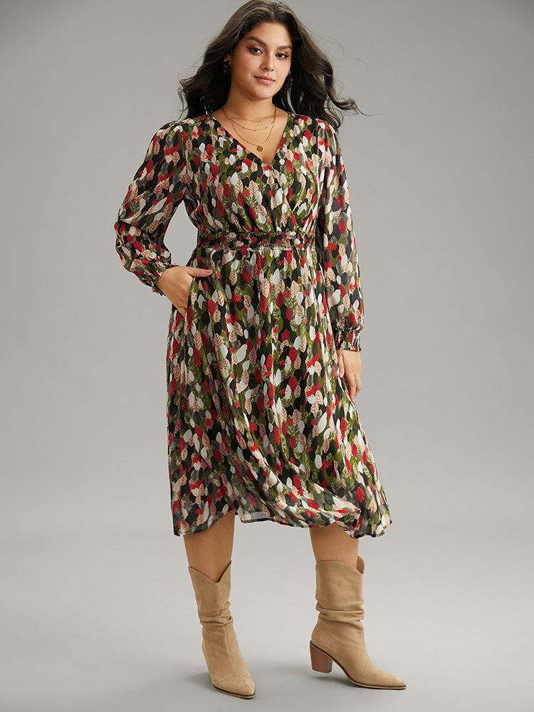 Overlap Collar Feather Shirred Pocket Dress