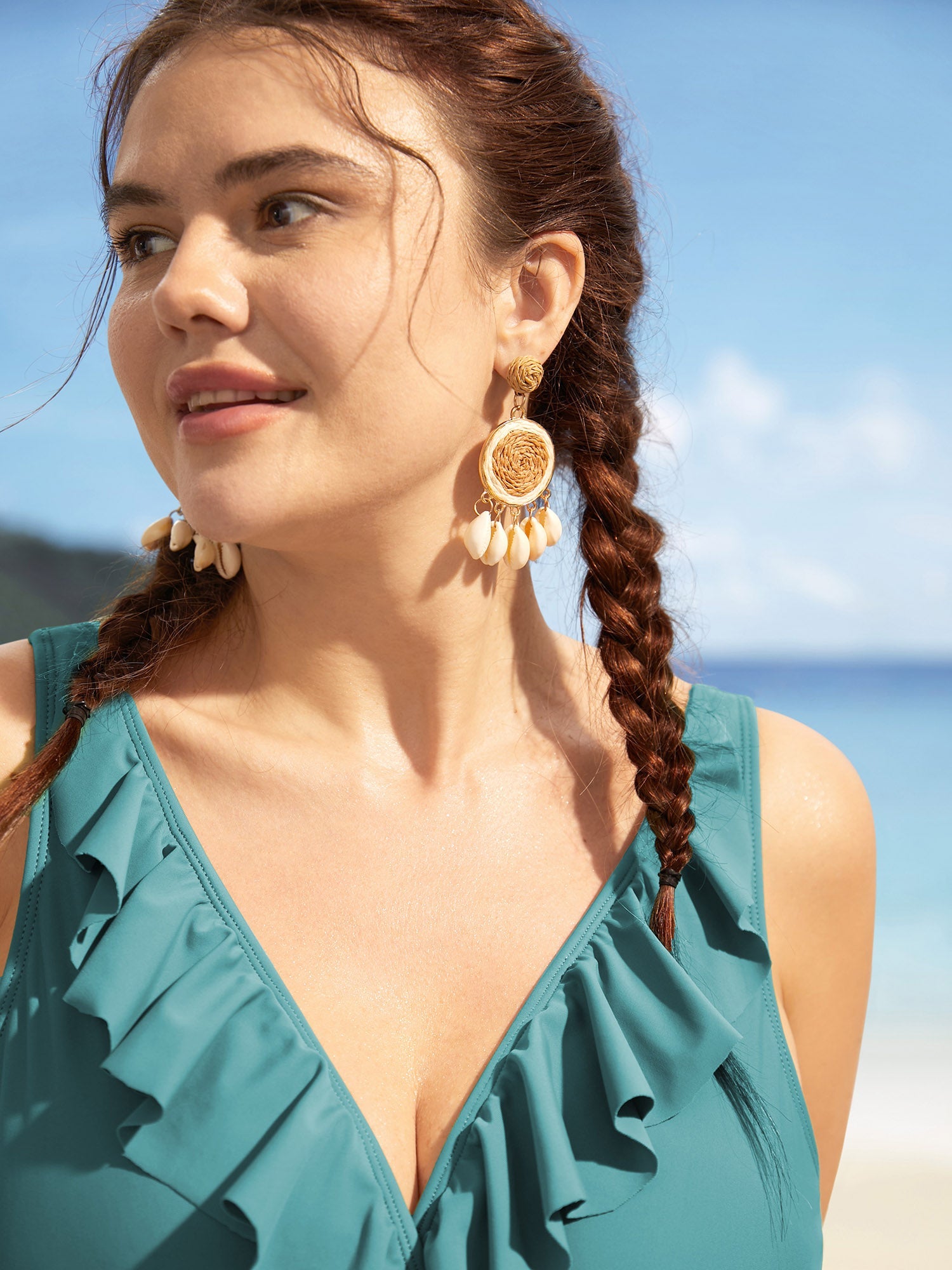 Solid Ruffle Surplice Neck Trim Swim Top