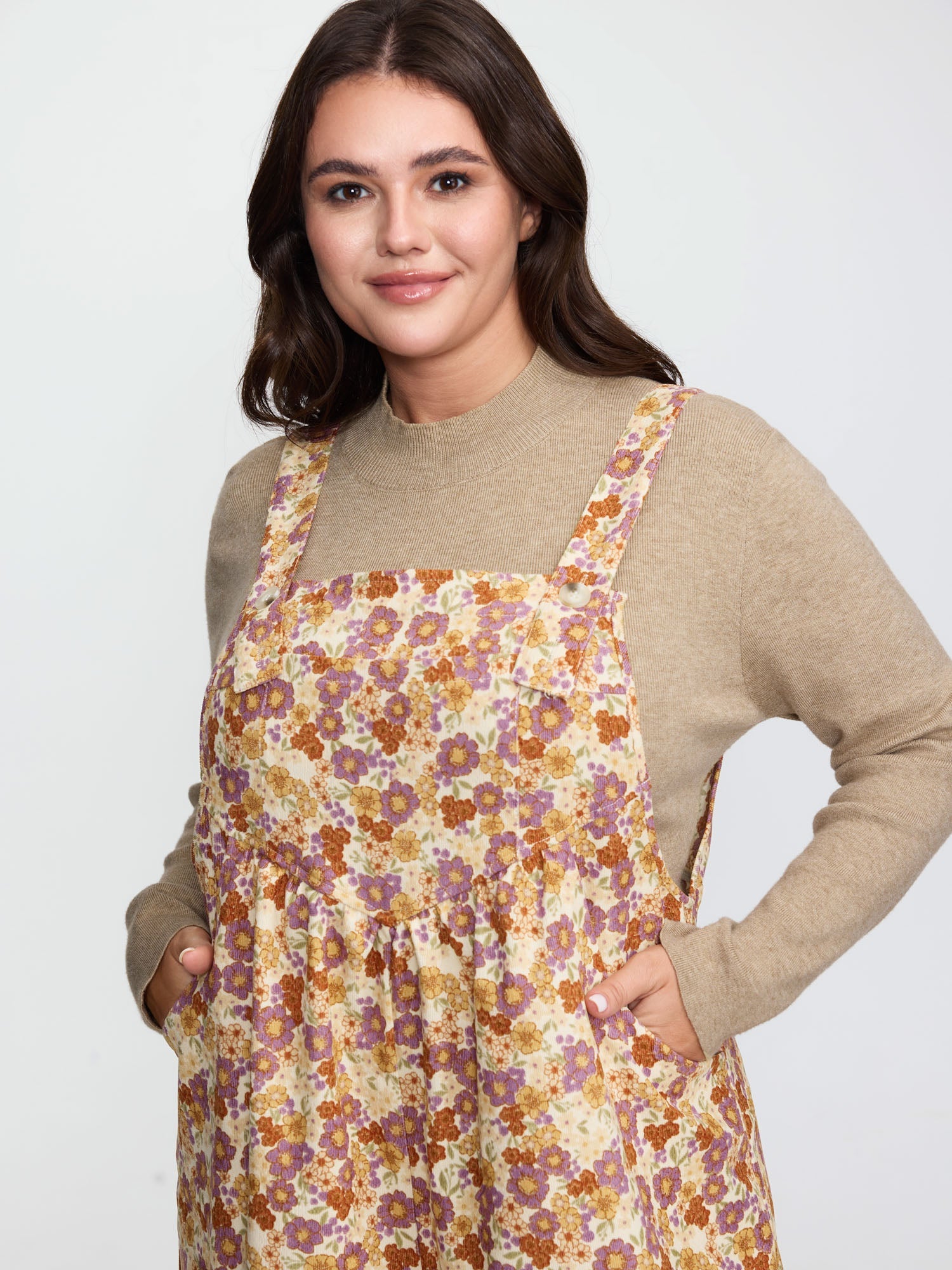 Floral Corduroy Adjustable Pockets Overall Jumpsuit