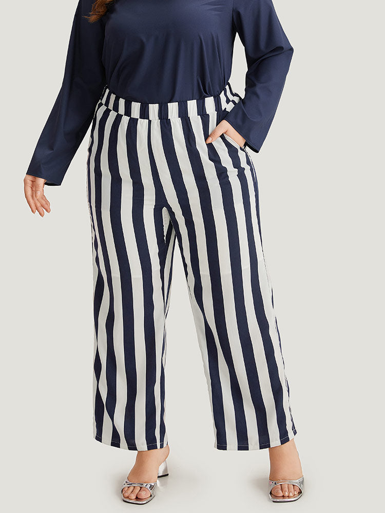 Striped Print Elastic Waist Woven Pants