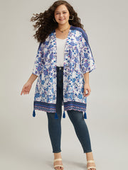 Floral Print Tassels Trim Split Side Kimono