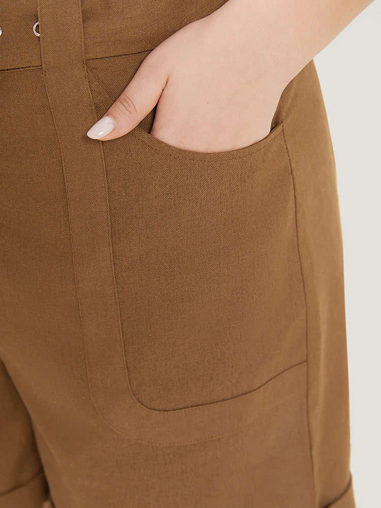 Solid Pocket Belted Roll Hem High Rise Shorts