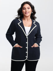 Blazer Collar Pockets Color Contrast Knit Cardigan