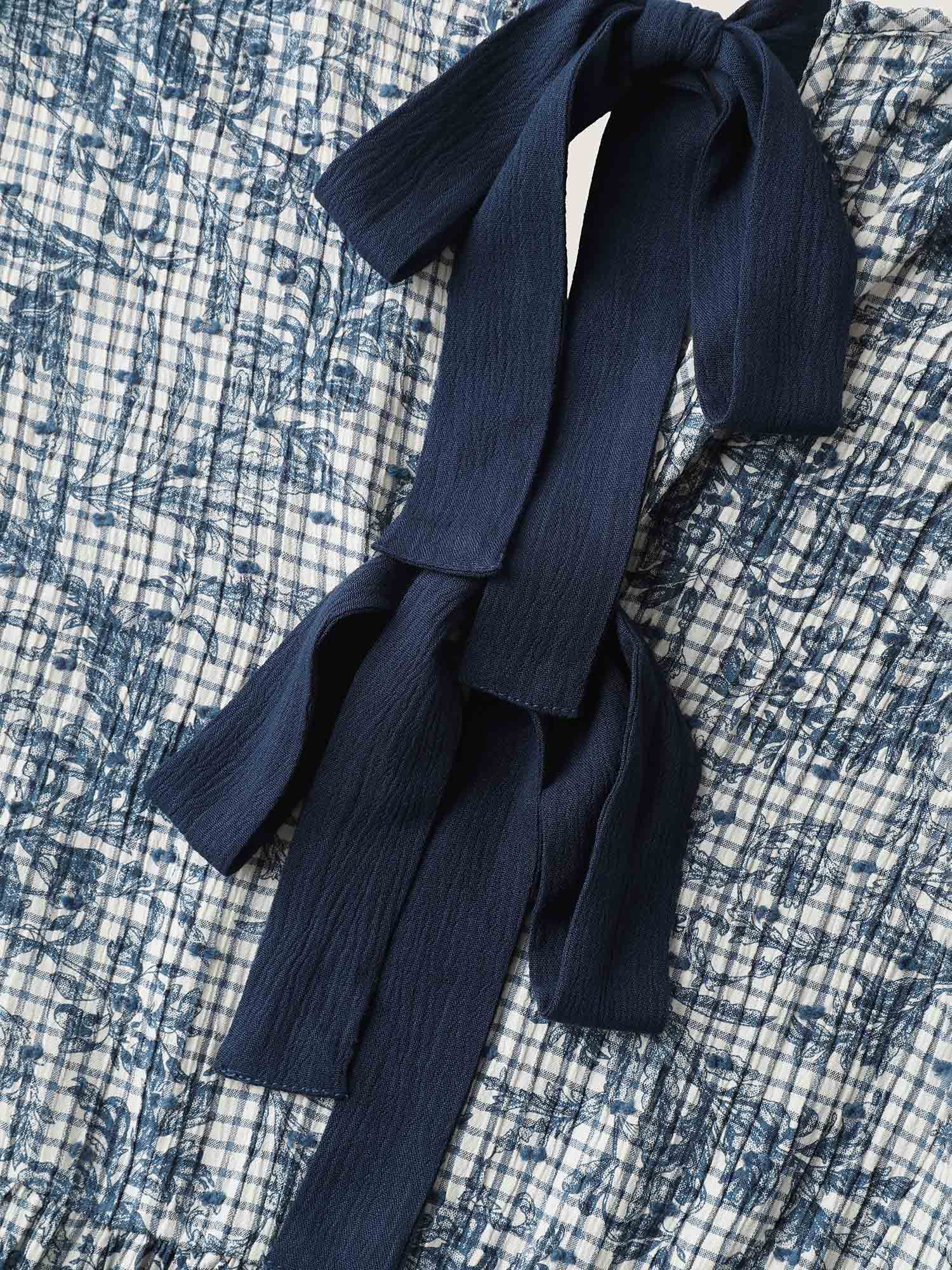 Check Toile de Jouy Shirred Pattern Blouse