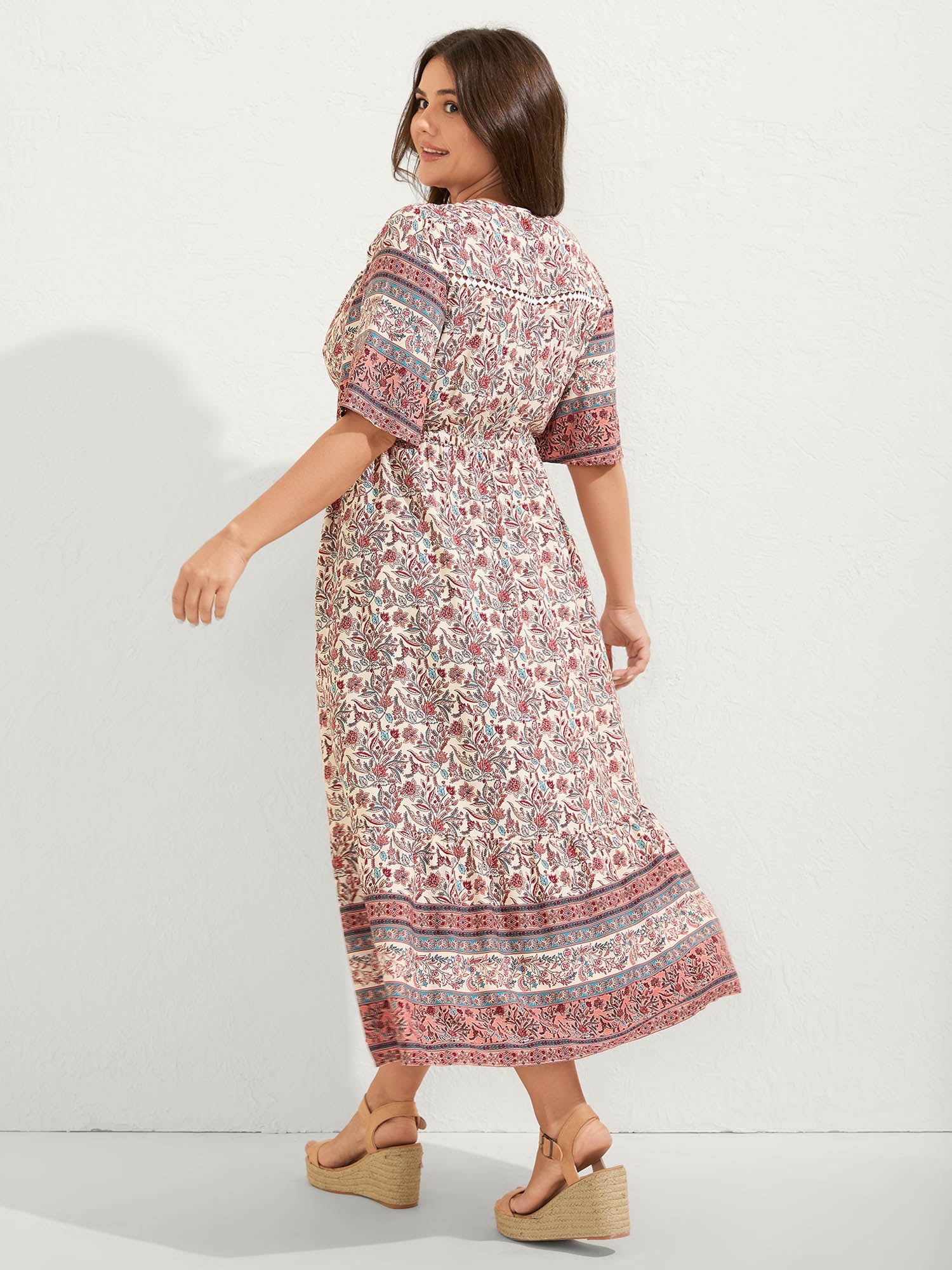 Floral Print Lace Waist Drawstring Maxi Dress