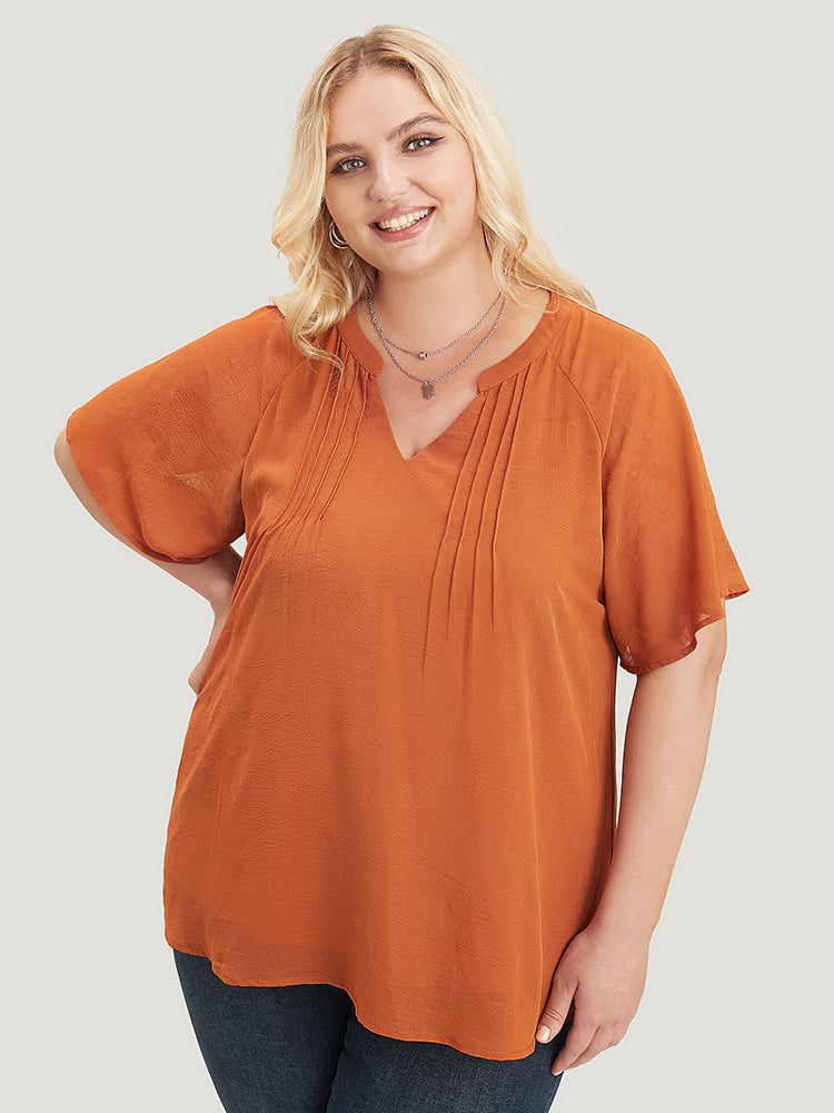 Solid Notched Pleated Mesh Raglan Sleeve Blouse