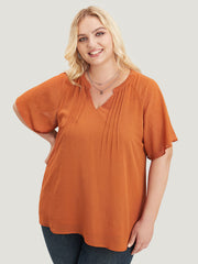 Solid Notched Pleated Mesh Raglan Sleeve Blouse