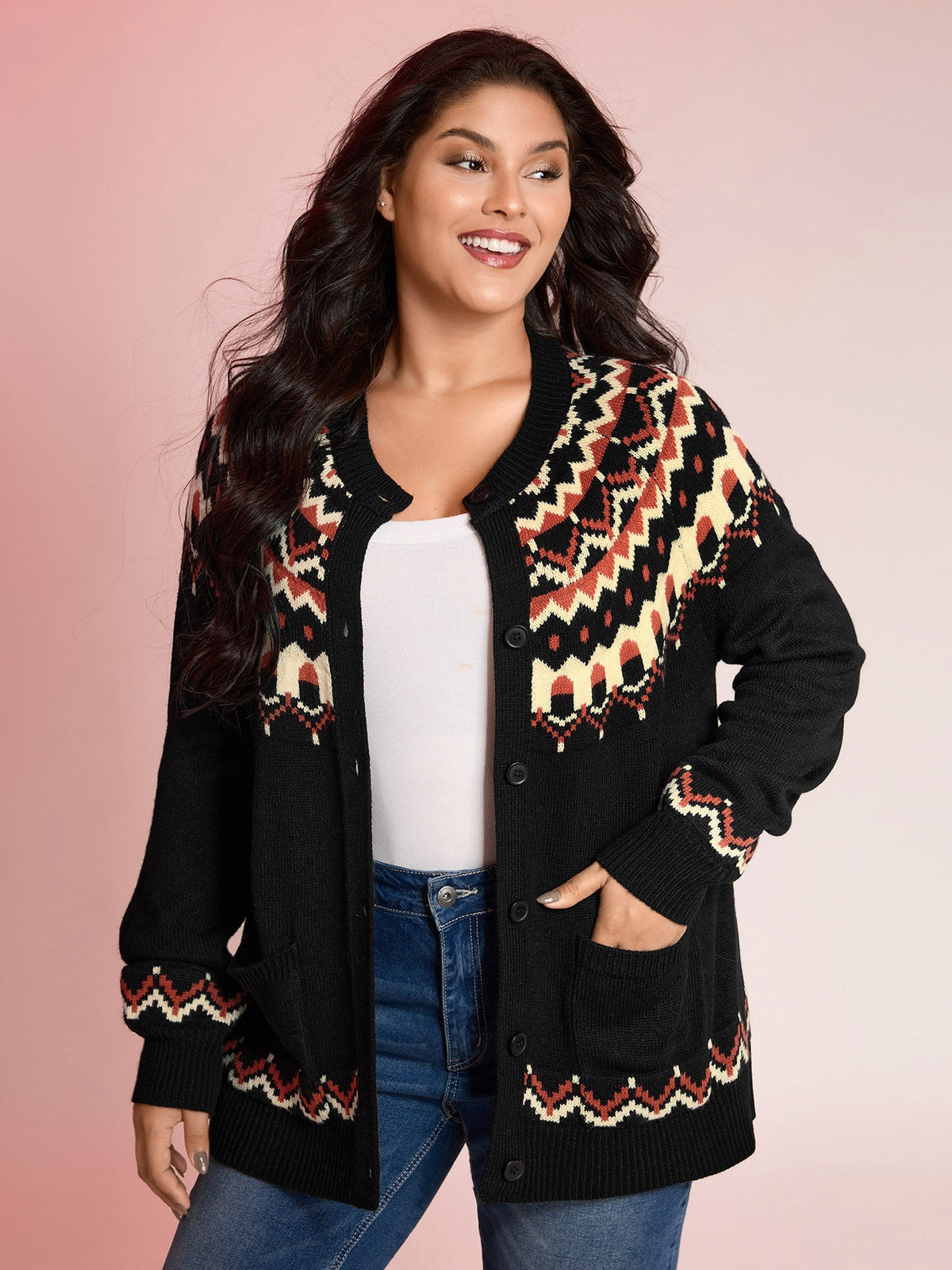 Fair Isle Halloween Print Pockets Knit Cardigan