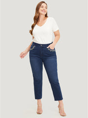 Straight Very Stretchy High Rise Dark Wash Embroidered Trim Jeans