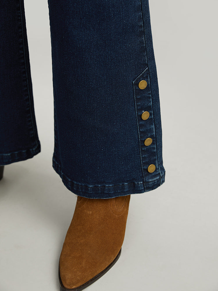 Plain Button Detail Flare Leg Full Length Jeans