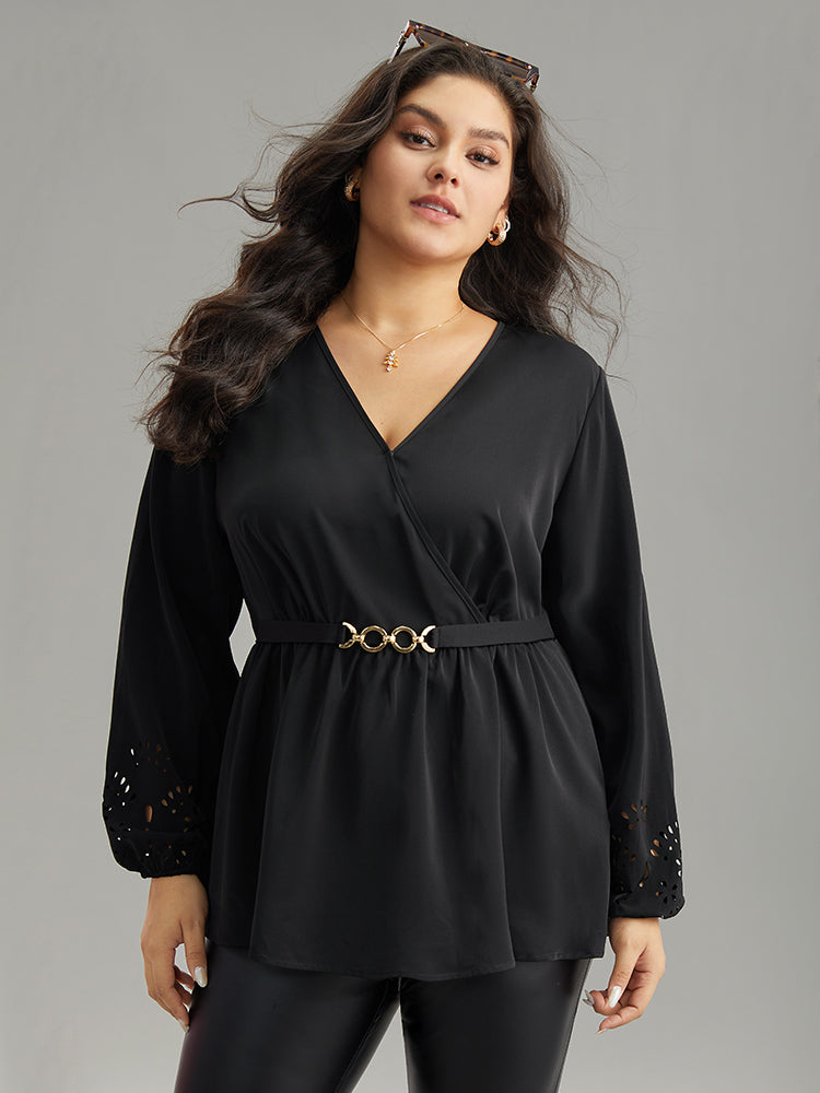 Plain Elastic Waist Buckle Detail Wrap Blouse