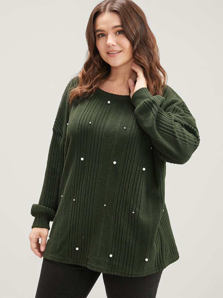 Solid Round Neck Pearls Beaded Rib Knit Sweatshirt