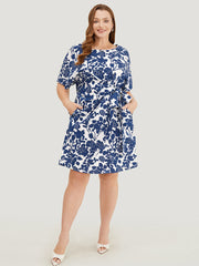 Floral Print Batwing Sleeve Pocket Knot Side Dress