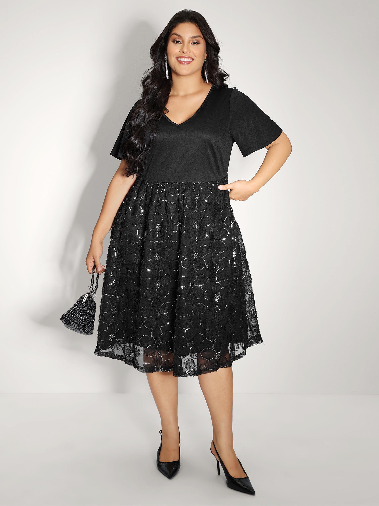 Sequin Embroidery Ruffled Sleeve Midi Dress