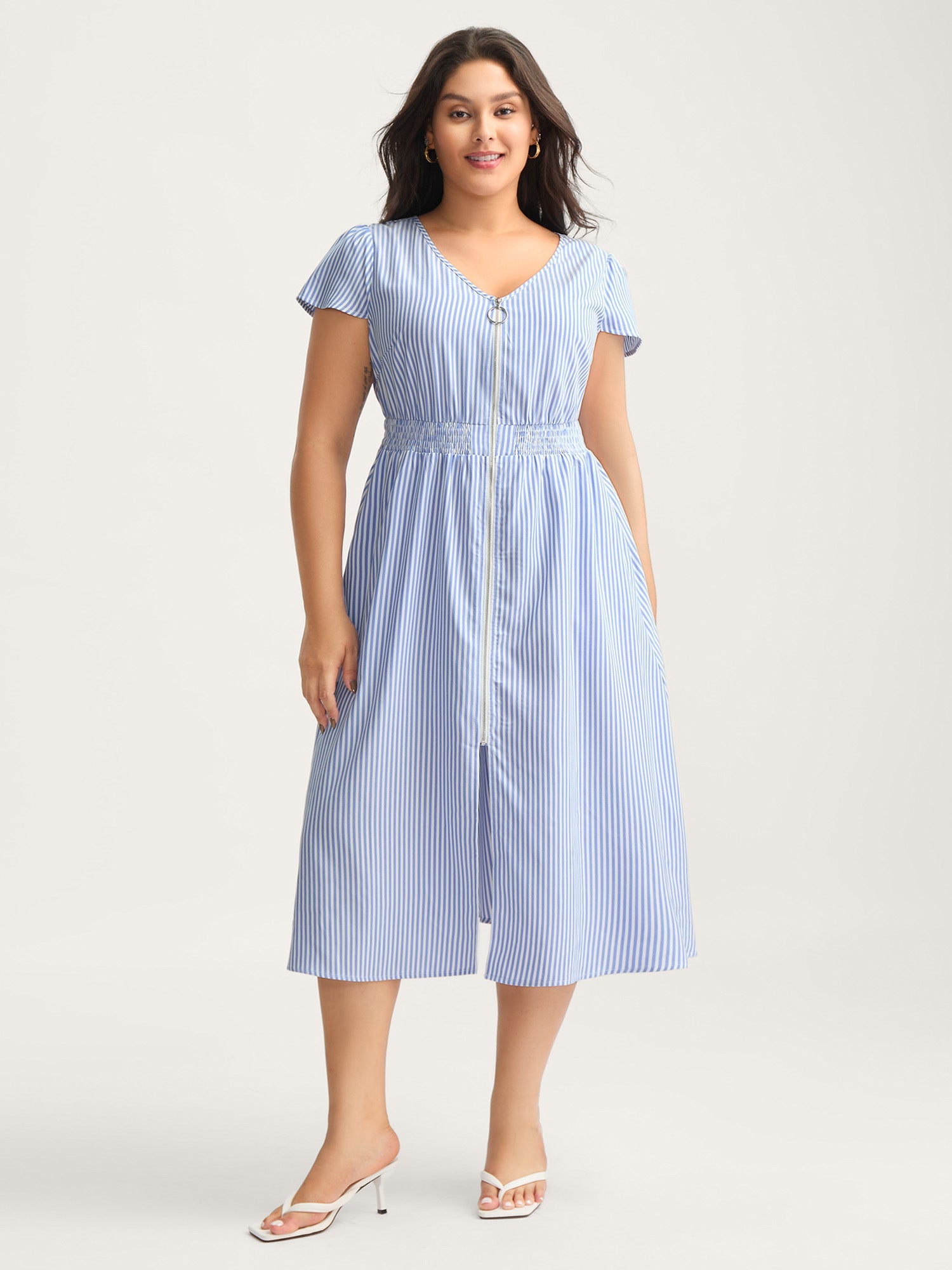 Striped Zipper Front Shirred Waist Midi Dress