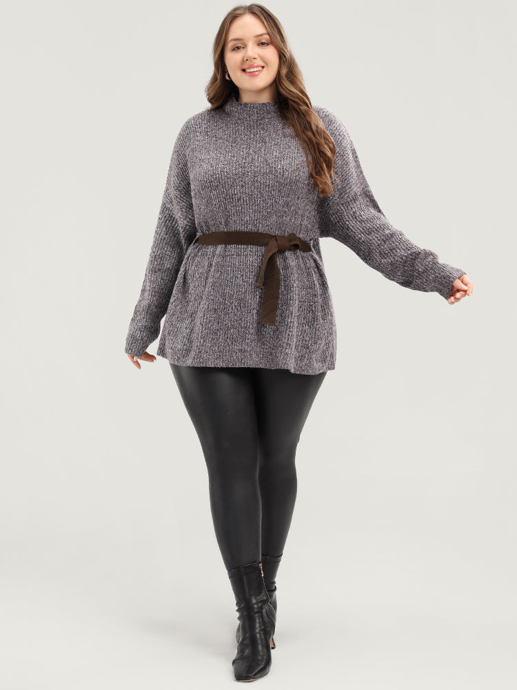 Solid Pointelle Knit Mock Neck Belted Heather Knit Top