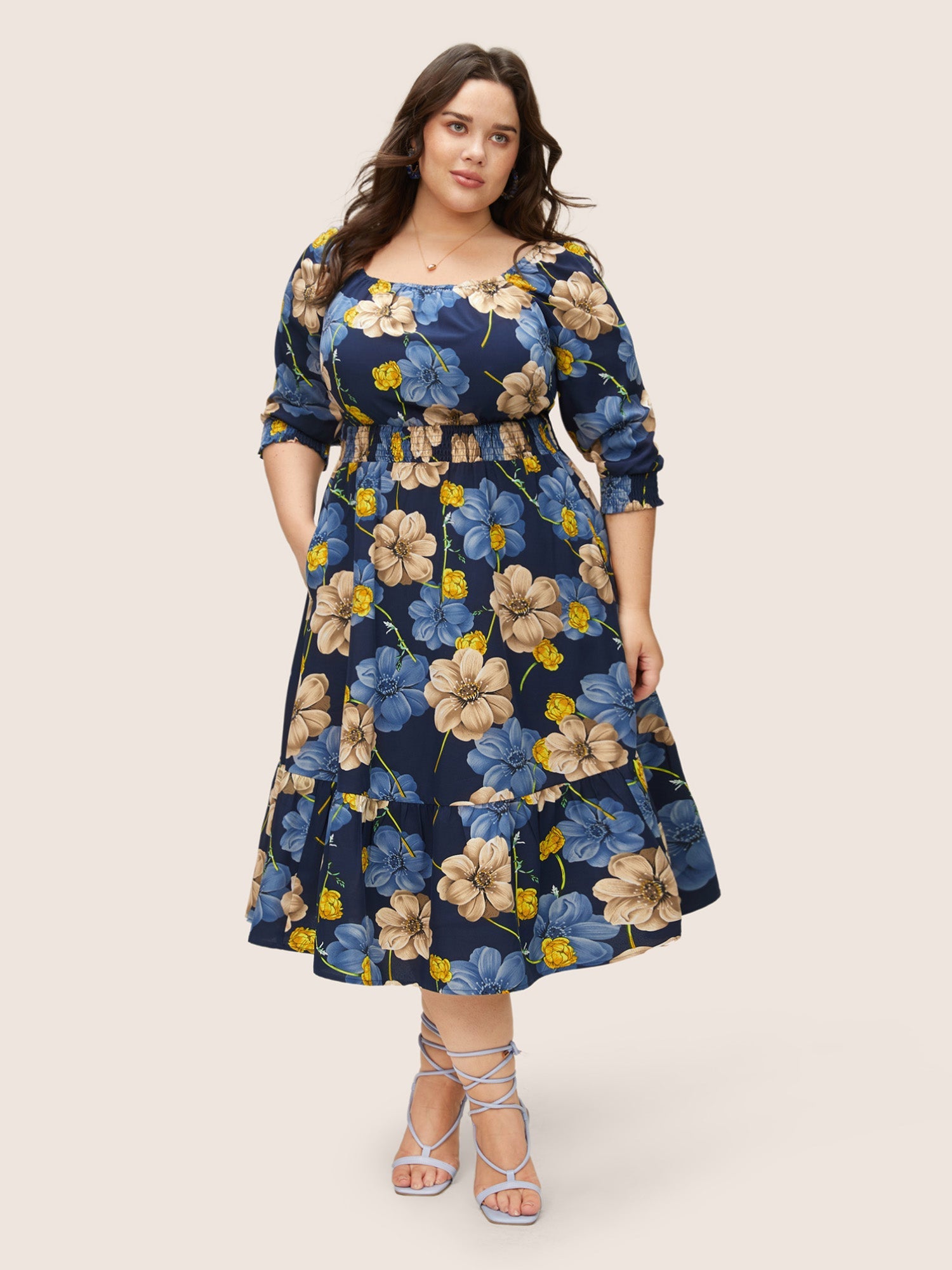 Floral Print Square Neck Shirred Cuffs Dress