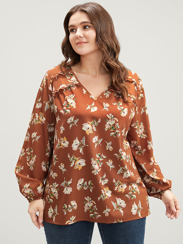 Floral V Neck Ruffles Trim Lantern Sleeve Blouse