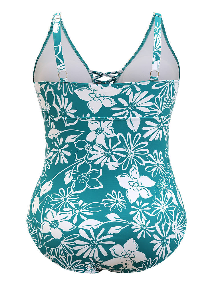 Floral Print Crisscross Sculpt Waist Ruched One Piece Swimsuit