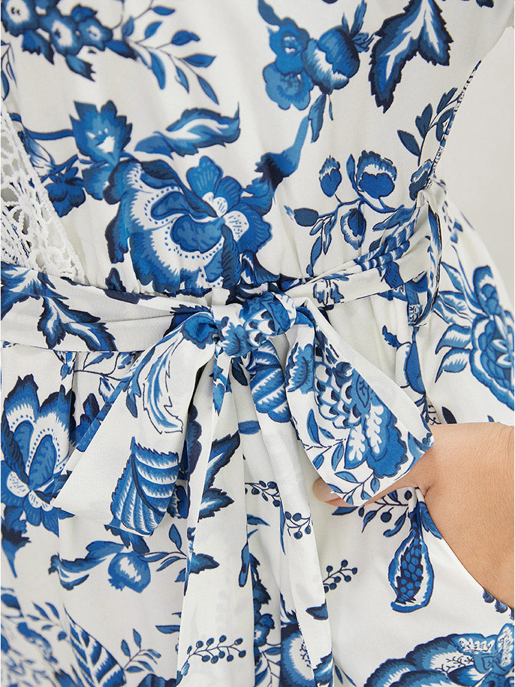 Floral Belted Pocket Lace Trim Wrap Jumpsuit