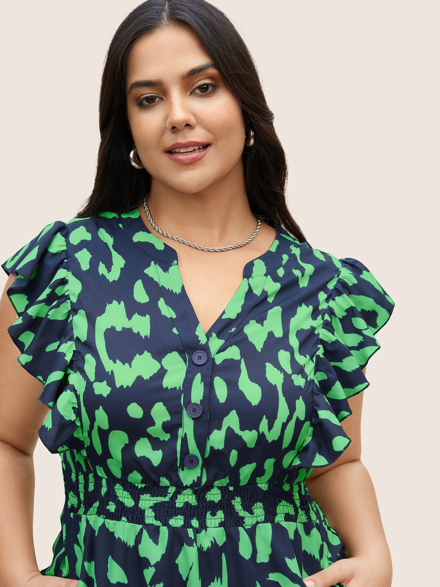 Notched Leopard Print Cap Sleeve Ruffles Dress