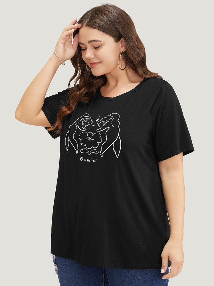 Figure & Letter Print Slightly Stretchy Zodiac T-shirt