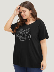 Figure & Letter Print Slightly Stretchy Zodiac T-shirt
