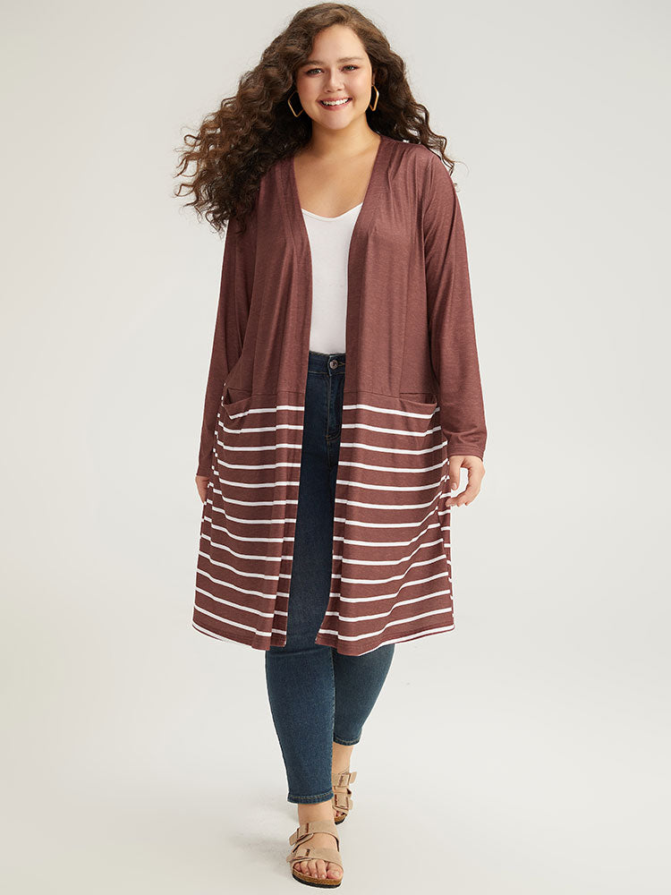 Striped Contrast Pocket Open Front Kimono
