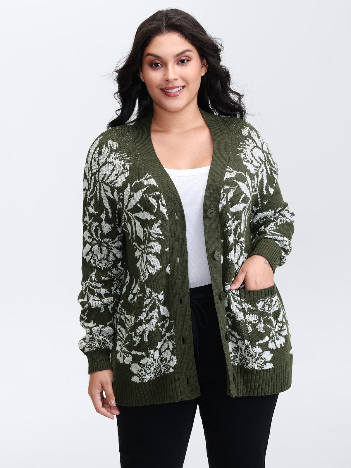 Floral Pattern V-Neck Knit Cardigan