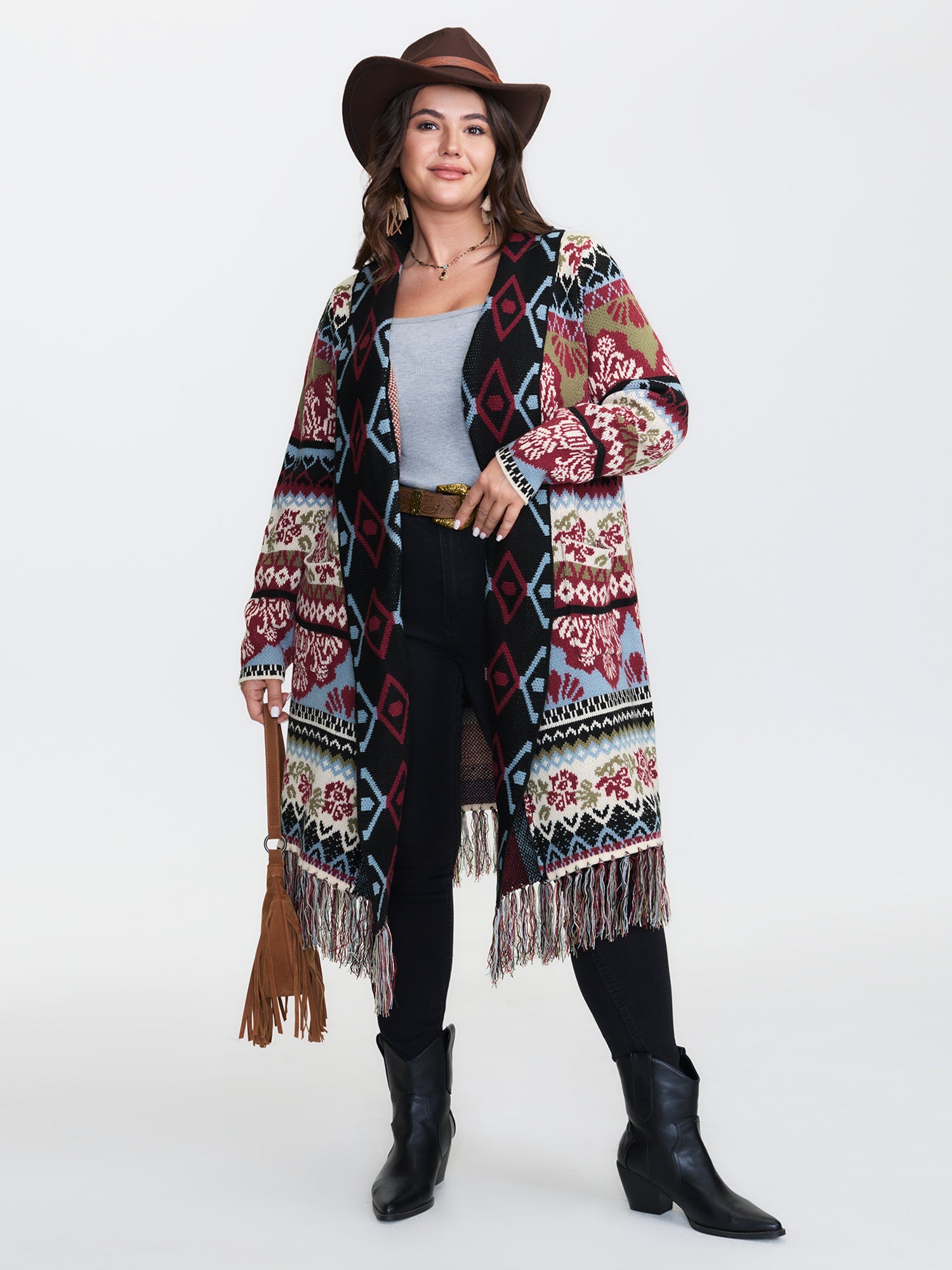 Fair-Isle Pattern Jacquard Fringes Knit Cardigan