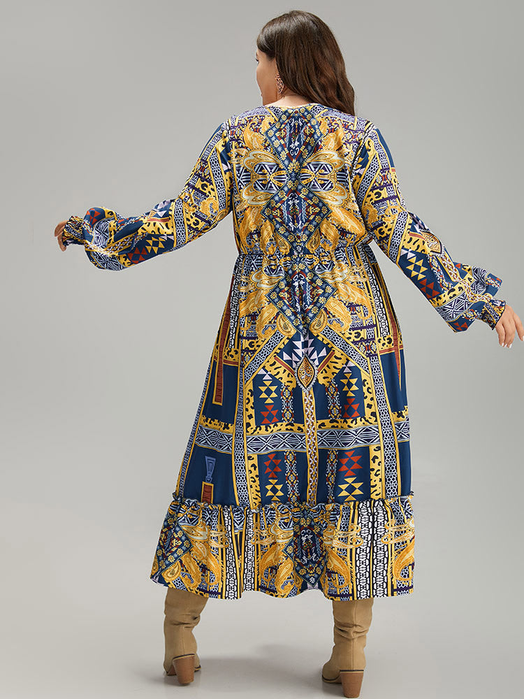 Boho Print Shirred Pocket Ruffle Hem Dress