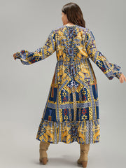 Boho Print Shirred Pocket Ruffle Hem Dress