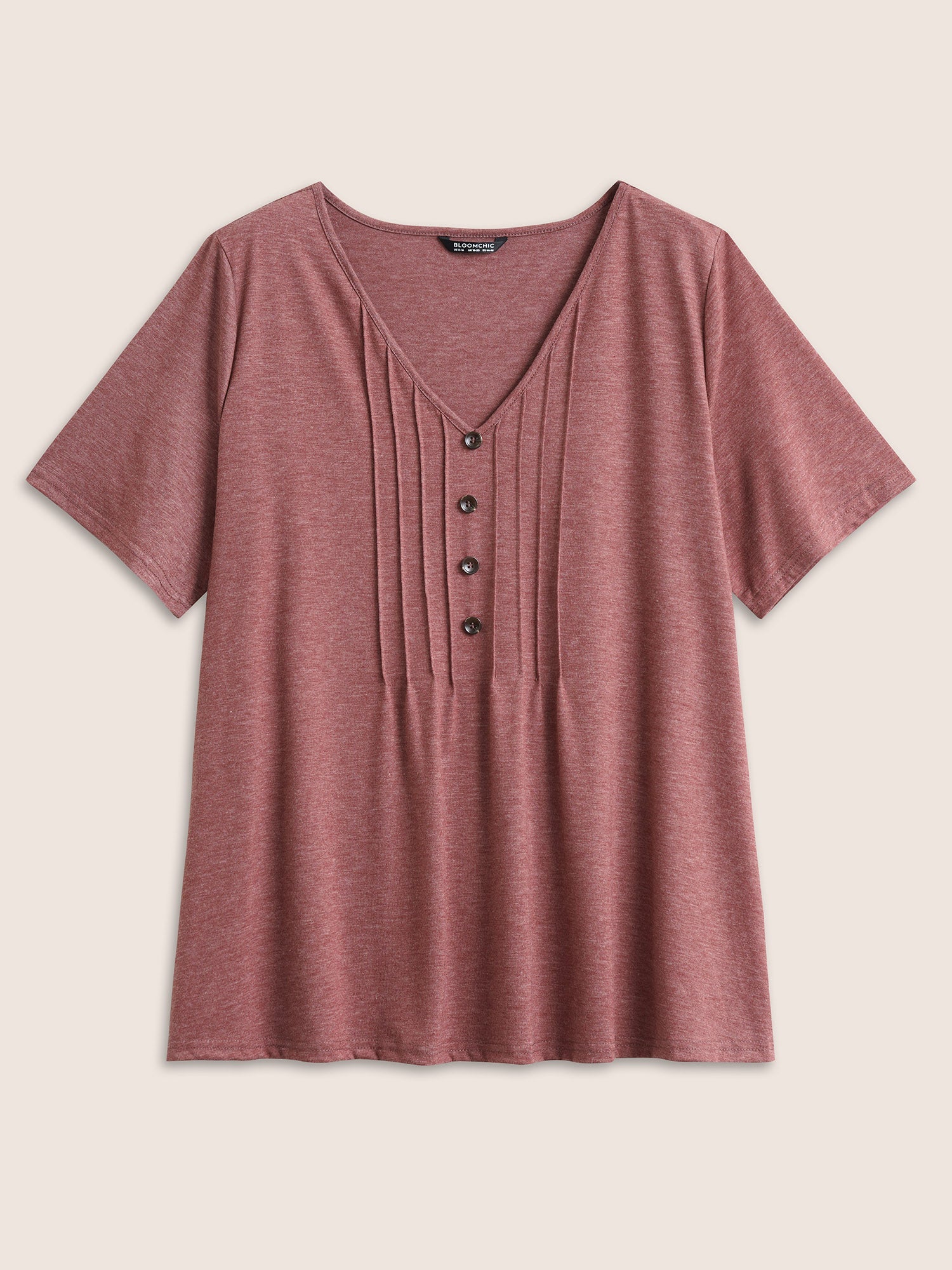 Solid Pleated Front Button Detail V Neck T-shirt