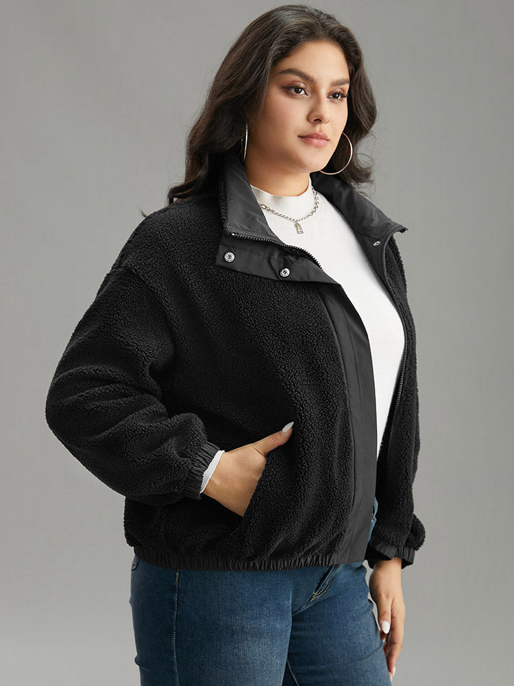 Solid Patchwork Button Up Pocket Zipper Jacket