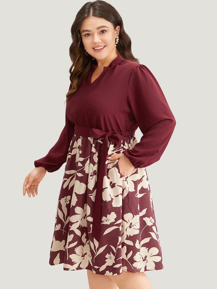 Silhouette Floral Print Belted Pleated Dress
