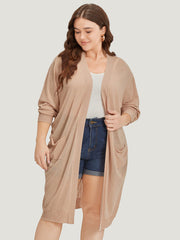 Solid Patched Pocket Open Front Breathable Maxi Cardigan