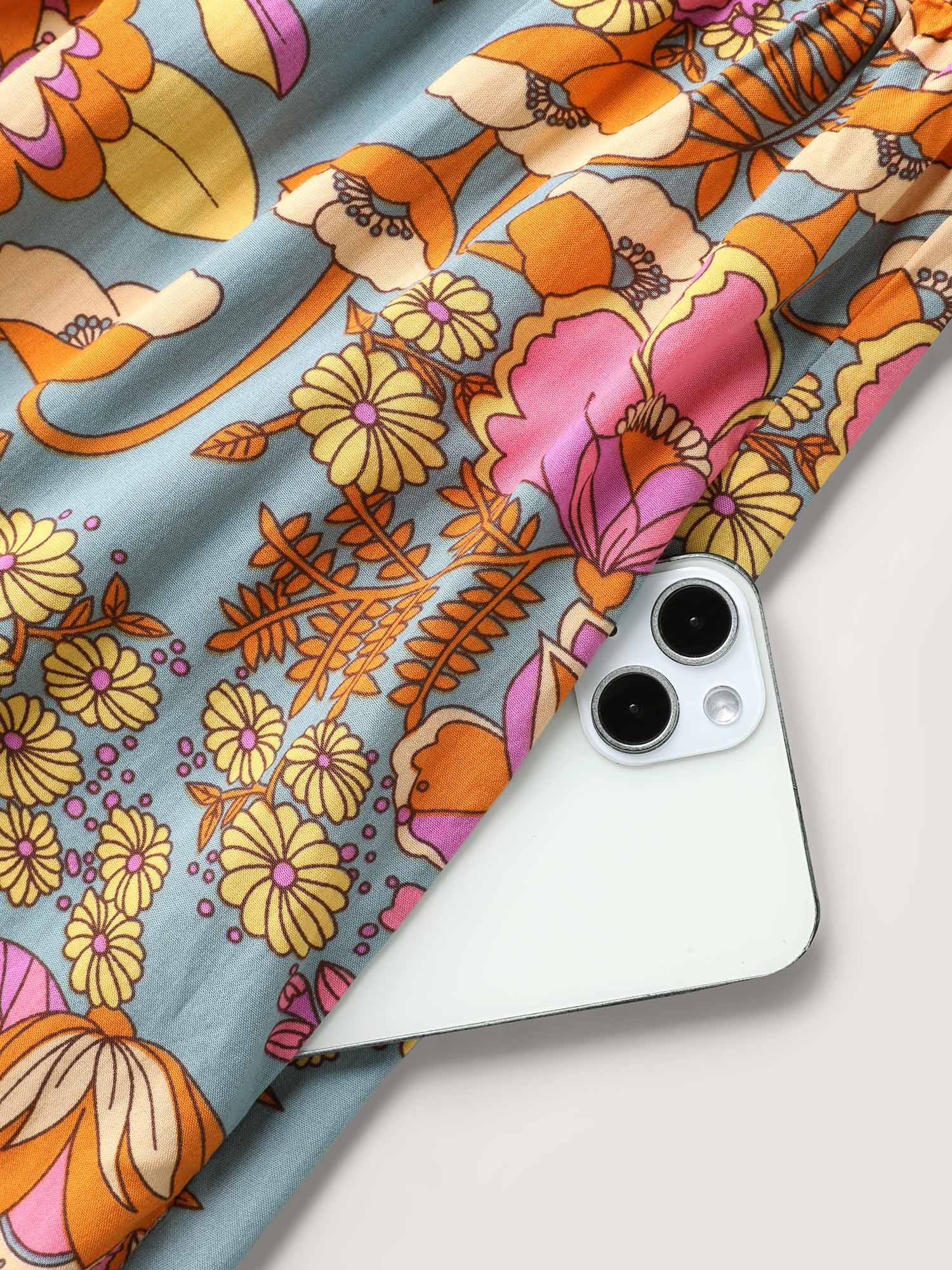 Floral Print Puffy Sleeve Flowy Romper