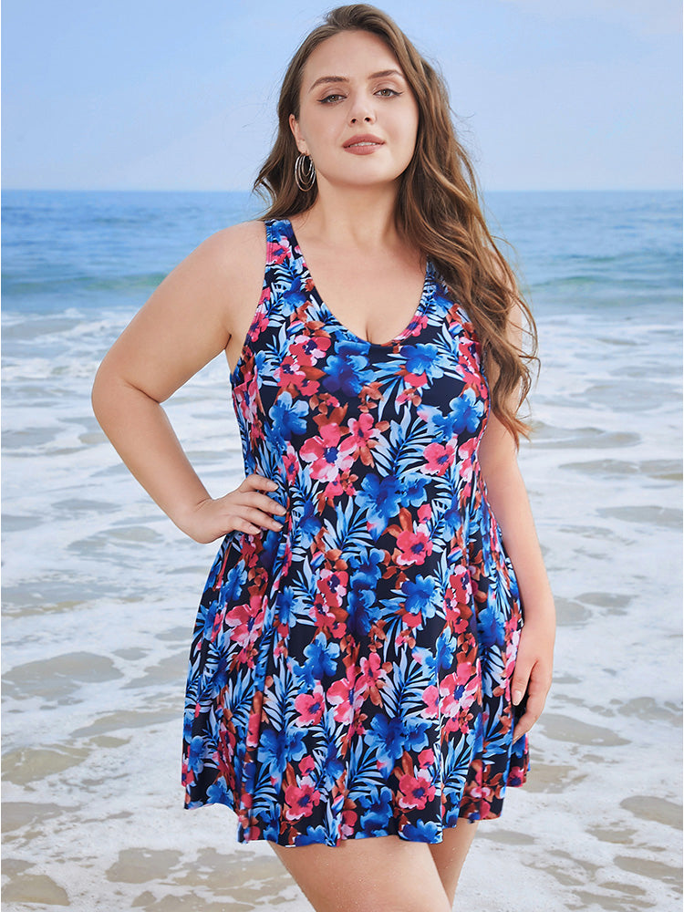 Floral Print Ruffles Sculpt Waist A Line Swim Dress