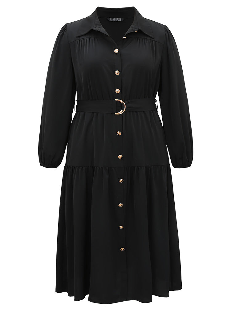 Anti-Wrinkle Shirt Collar Belted Metal Detail Dress