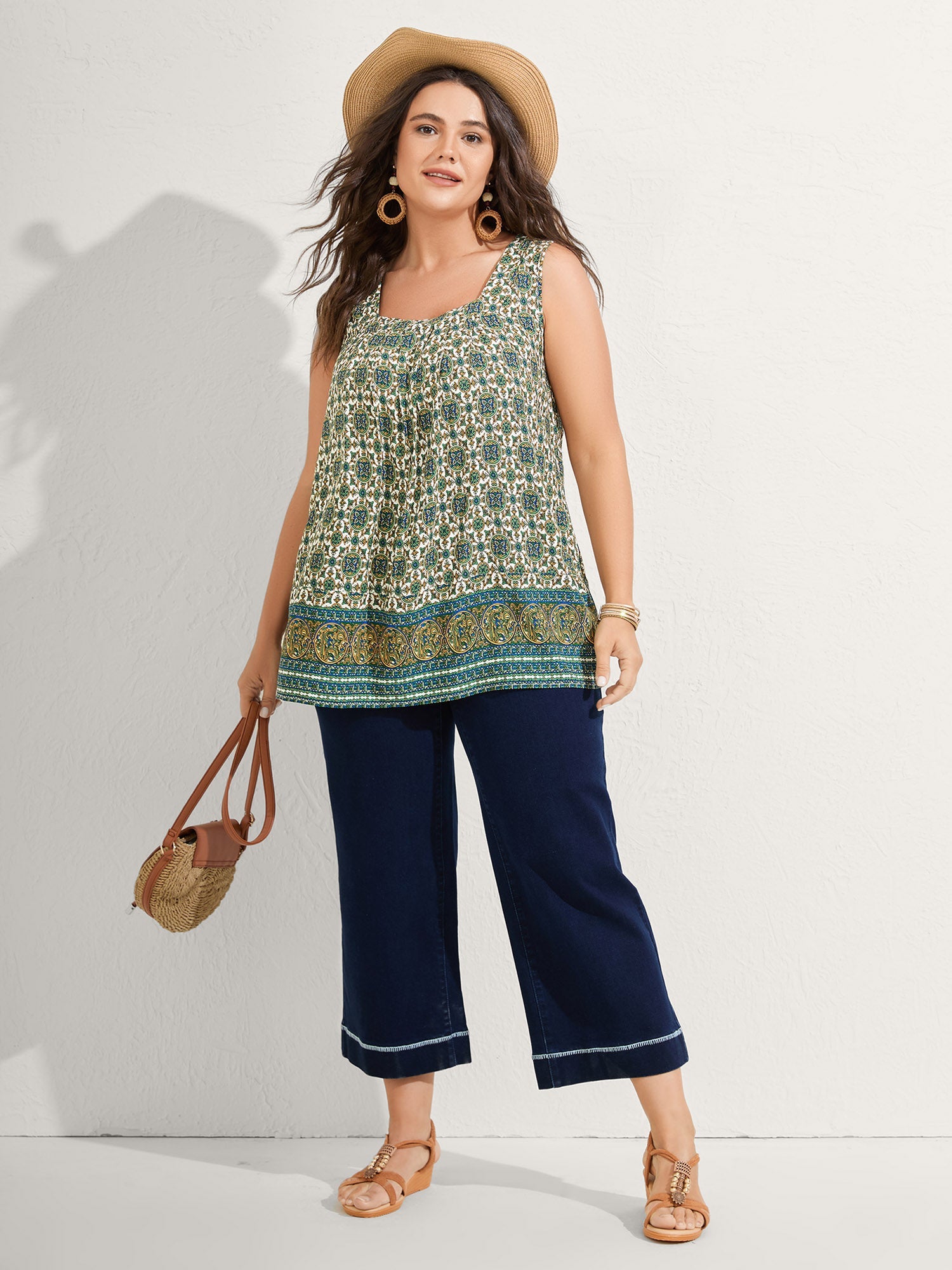 Floral Print Pleated Neckline Tank Top