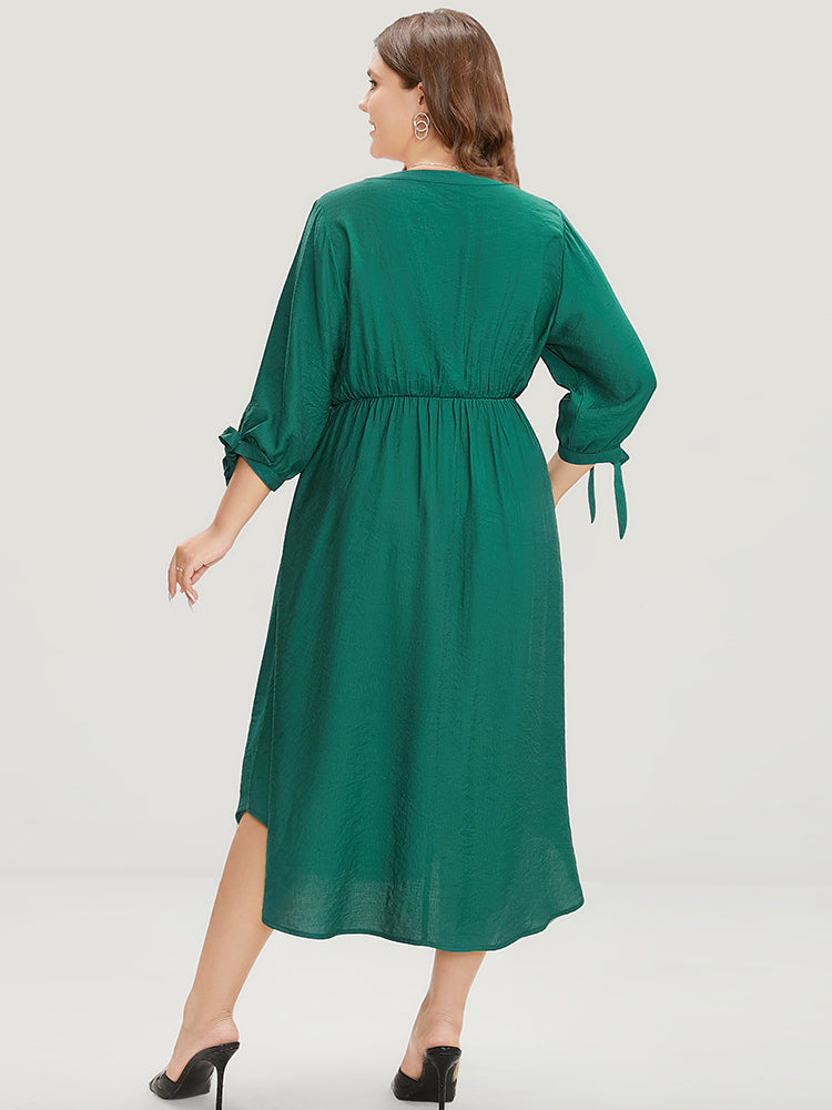 Solid Pocket Knot Sleeve Half Zipper Arc Hem  Dress