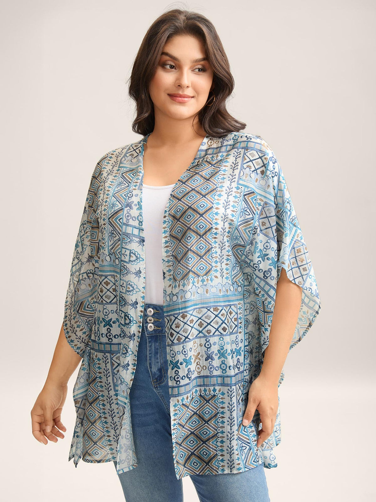 Abstract Print Flowy Sleeve Kimono